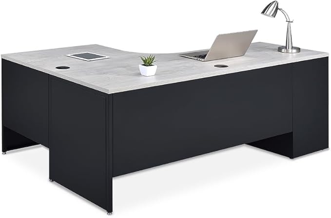 NBF Carbon L Shaped Executive Office Desk - Durable Laminate Computer Desk with 2 Drawers Pedestal - Modern Desk with Storage and File Cabinet - 72" W x 48" D Office Work Desk (Gray, Maple)