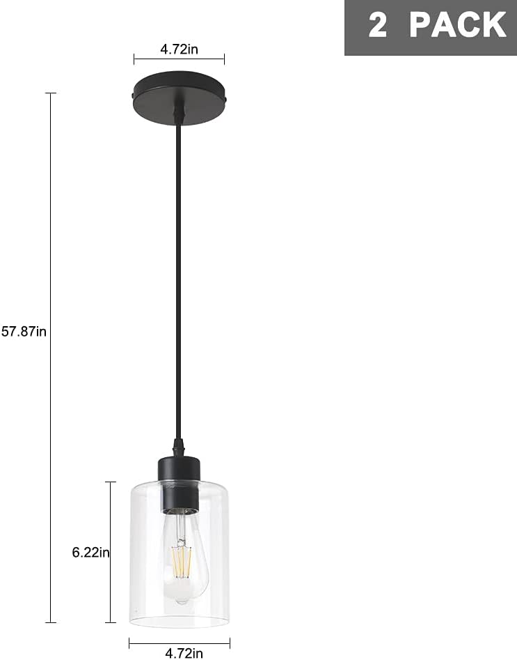 Modern Black Farmhouse Clear Glass Cylinder Pendant Light Fixture,Island Lights for Kitchen,Mini Pendant Lighting for Kitchen Island Decor - 4.75 Inch Shade 58 Inch Cord (Black 2 Pack)
