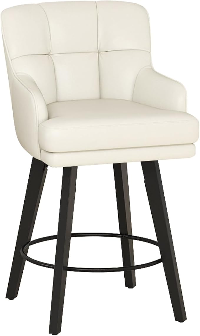 360°Swivel Counter Height Bar Stools with Back, 26 inch Solid Wood Legs, Bar Stool Modern Kitchen Island Chairs, Faux Leather (Beige- Faux Leather, 26" H- Set of 1)