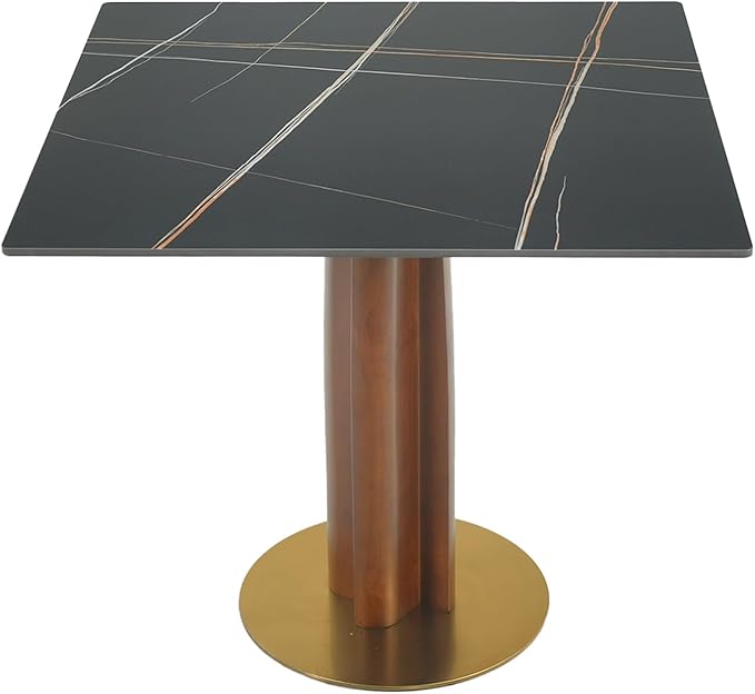 Sintered Stone Square Office Table and Chair Set - Meeting Table for Small Offices (Walnut Leg and Black Top, 1 Table and 2 Chairs)