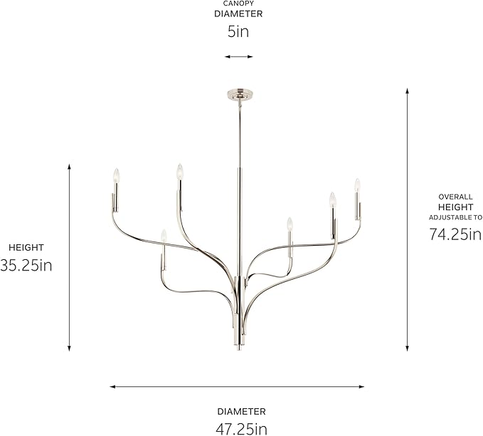 KICHLER Livadia 6-Light Chandelier, Soft Modern-Light in Polished Nickel, for Foyer, Great Room, or Vaulted Dining or Bedroom (33.25" x 47.25"), 52674PN