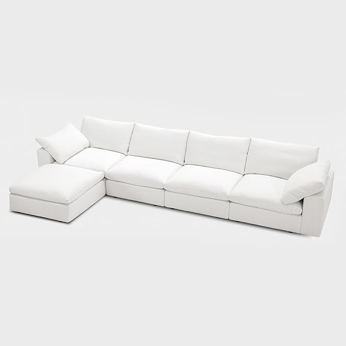 Modular Cloud Sofa, 141.7" Cloud Sectional Couches with Deep Seat, L-Shape 4-Seat Couch with Ottoman for Living Room, Modern Comfy Couch with Washable Cover, Wide Armrest (White,1 Ottoman)