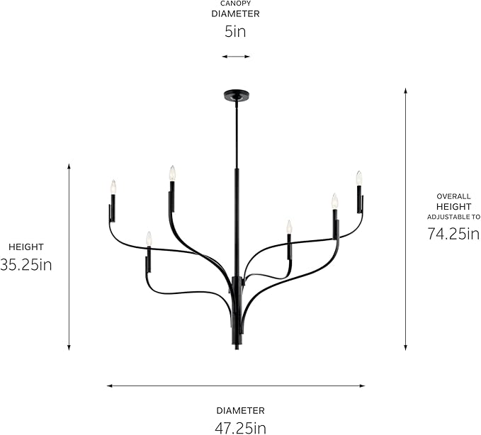 KICHLER Livadia 6-Light Chandelier, Soft Modern-Light in Black, for Foyer, Great Room, or Vaulted Dining or Bedroom (33.25" x 47.25"), 52674BK
