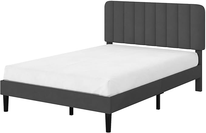 VECELO Queen Size Bed Frame with Upholstered Headboard, Velvet Platform Bedframe Mattress Foundation, Strong Wood Slat Support, No Box Spring Needed,Grey