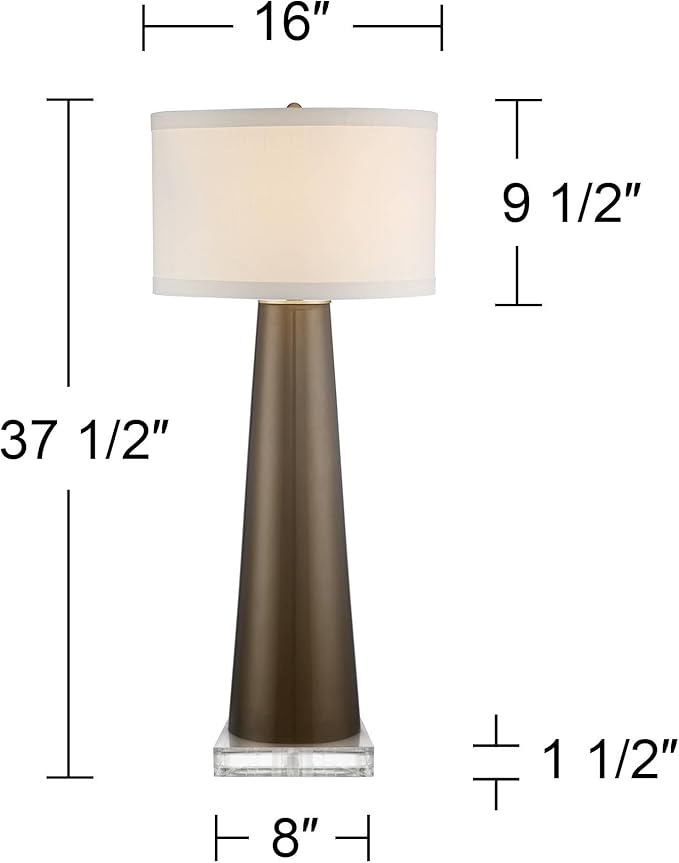 Possini Euro Design Karen Modern Table Lamp 37 1/2" Tall with Clear Square Riser Dark Gold Glass Column Off White Fabric Drum Shade for Bedroom Living Room House Bedside Nightstand Office Entryway