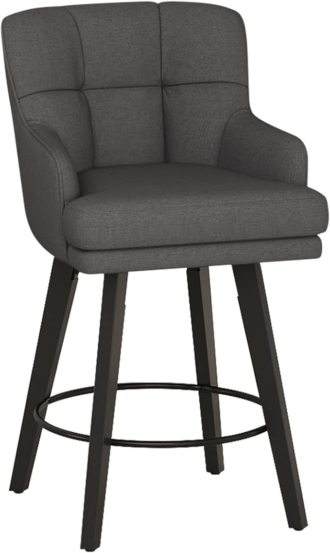 360°Swivel Counter Height Bar Stools with Back, 26 inch Solid Wood Legs, Bar Stool Modern Kitchen Island Chairs, Fabric (Black Grey- Fabric, 26" H- Set of 1)