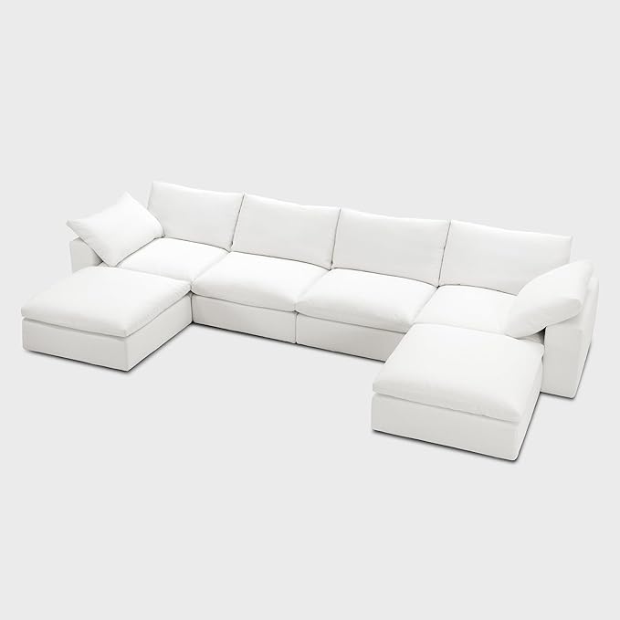 Modular Cloud Sofa, 141.7" Cloud Sectional Couches with Deep Seat, U-Shape 4-Seat Couch with Ottoman for Living Room, Modern Comfy Couch with Washable Cover, Wide Armrest (White,2 Ottomans)