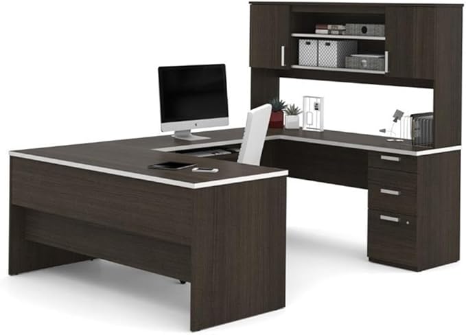 Pemberly Row U Shaped Modern Executive Computer Desk with Pedestal and Hutch in Brown Chocolate