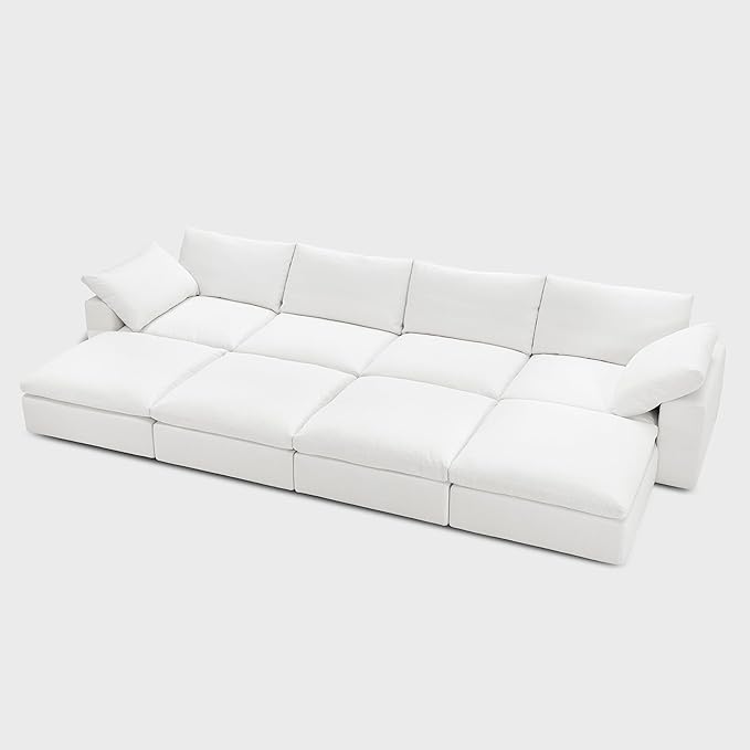 Modular Cloud Sofa, 141.7" Cloud Sectional Couches with Deep Seat, 4-Seat Couch with Ottoman for Living Room, Modern Comfy Couch with Washable Cover, Wide Armrest (White,4 Ottomans)