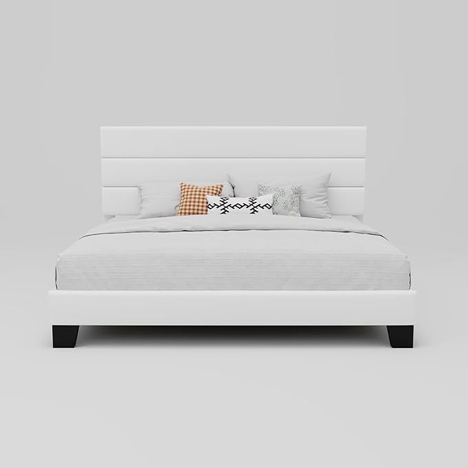 SHA CERLIN King Platform Bed Frame with Velvet Upholstered Headboard, Mattress Foundation with Strong Wooden Slats Support, No Box Spring Needed, White