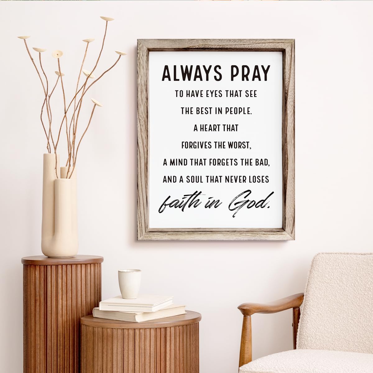 Christian Wall Signs, Inspirational Wood Sign, Farmhouse Home Decor, Bedroom Decoration, Church Room Decor Art, Framed Wall Plaque Sign 15 * 11.5 inches, Always Pray to Have Eyes
