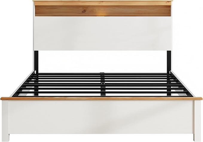Queen Bed Frame, Wood Platform Bed Frame with Storage Headboard, Charging Station, Modern Bedframe Queen Size, 800lbs Capacity, Metal Slat Support, Noise-Free, No Box Spring Needed, White