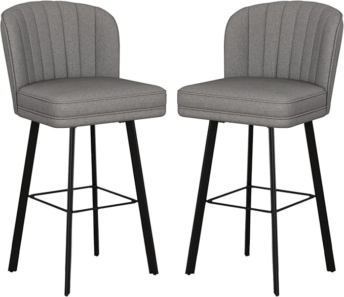 Swivel Counter Height Bar Stools Set of 2, 30'' Modern Barstools with Backs and Metal Legs, Upholstered Bar Chairs,Mid-Gray,Fabric Stools for Kitchen Island Chairs