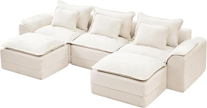 Hobestluk 120" Cloud Modular Sectional Couch 3-Seater Sofa with Ottomans U Shaped Couch Deep Seat Sofa with Removable Cover Large Sofa for Living Room (Beige, 3-Seater Sofa with Two Ottomans)
