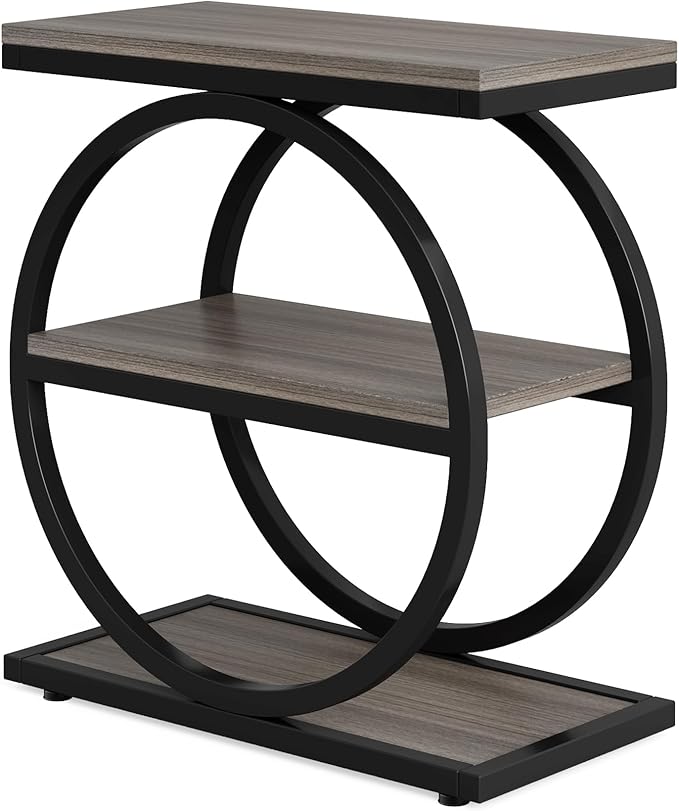 LITTLE TREE 3-Tier End Table, Grey Side End Table with Storage Shelves, Small Sofa Side Table for Living Room, Slim Nightstand and Bedside Table with Black Double Round Metal Legs