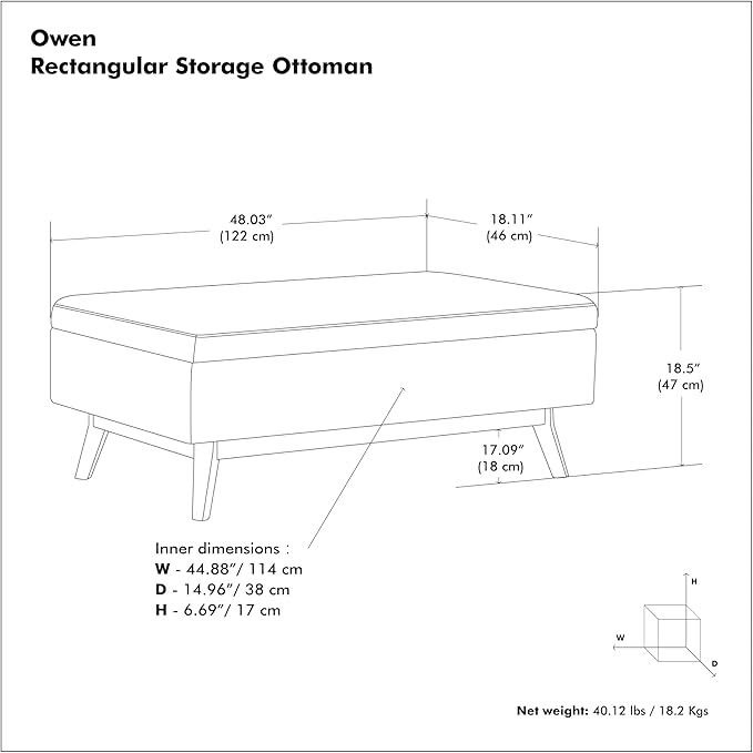 SIMPLIHOME Owen 48 inch Wide Mid Century Modern Rectangle Rectangular Storage Ottoman in Tanners Brown Vegan Faux Leather, Assembled, for the Living Room, Entryway and Family Room