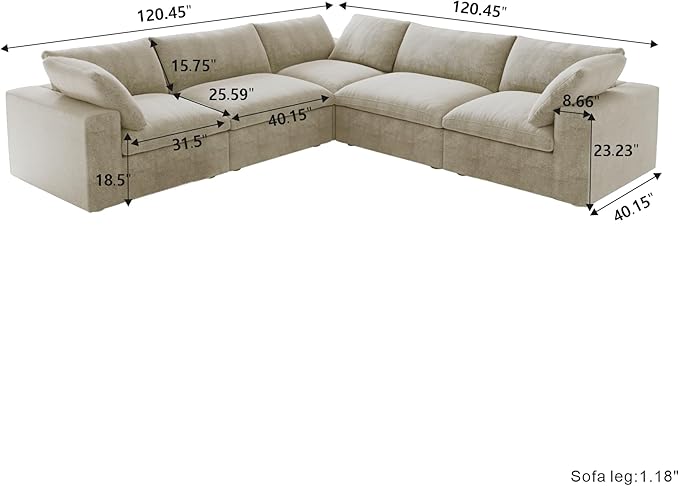 Cloud Modular Sectional Sofa for Livingroom,Large Down Filled Comfort Corner Sectional Sofa Couch Wide Deep Seat Convertible Couches for Office Apartment,V Shaped,Khaki
