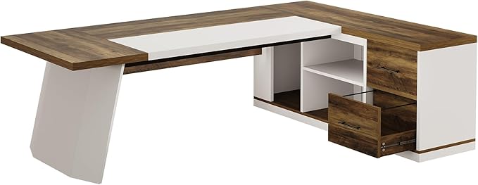 Tribesigns 78.7" L-Shaped Executive Desk, Modern Office Desk with 55.1" Storage Cabinet, Large Computer Table with Drawers and Shelves, Business Furniture Workstation for Home Office, Brown & White