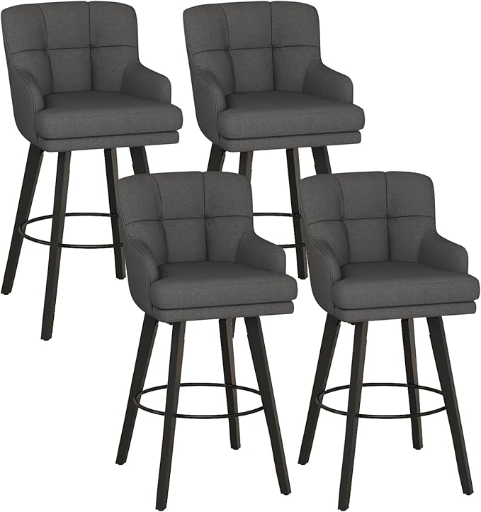 360°Swivel Counter Height Bar Stools with Back, 30 inch Solid Wood Legs, Bar Stool Modern Kitchen Island Chairs, Fabric (Black Grey- Fabric, 30" H- Set of 4)