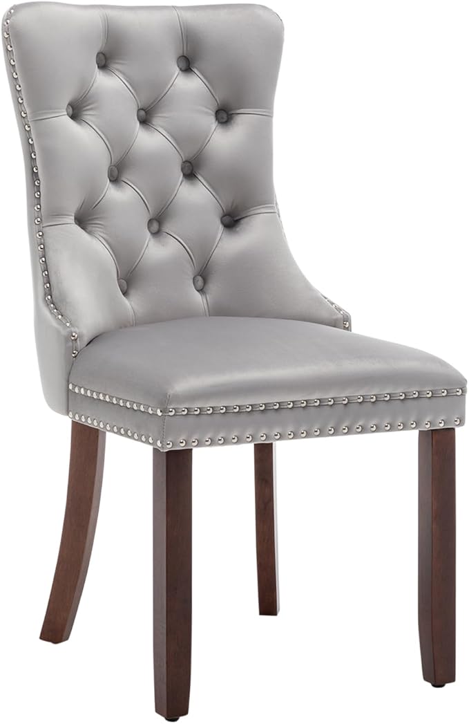 Velvet Dining Chairs Set of 2, Tufted Dining Room Chairs with Nailhead Ring Pull Trim, Upholstered Dining Chairs with Solid Wood Legs for Kitchen Dining Room (Light Grey)