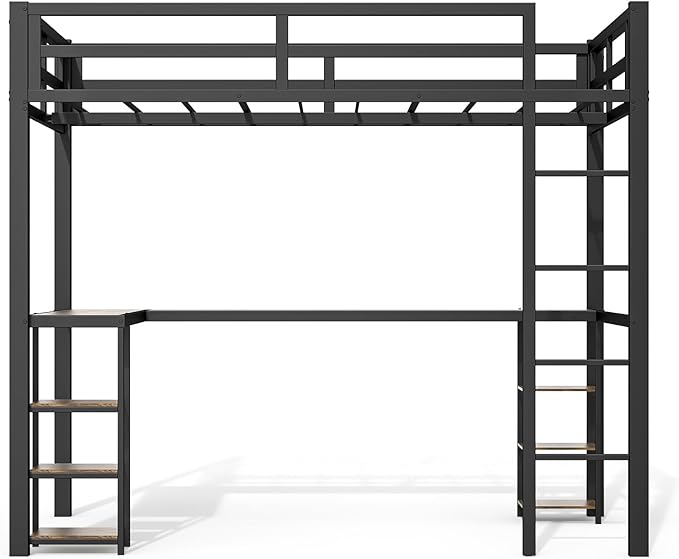 Full Size Loft Bed with Desk & Open Shelves, Heavy Duty Metal Bed Frame with Safety Guardrails & Ladder, Loft Beds with Vintage Wood Finish L-Shaped Desk, Black