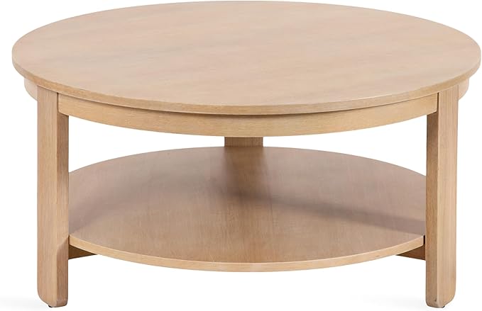 Kate and Laurel Foxford Tiered Round Coffee Table; 34 x 34 x 17; Light Natural; Transitional Two-Tier Circle Living Room Table with Storage and Resilient Wood Construction