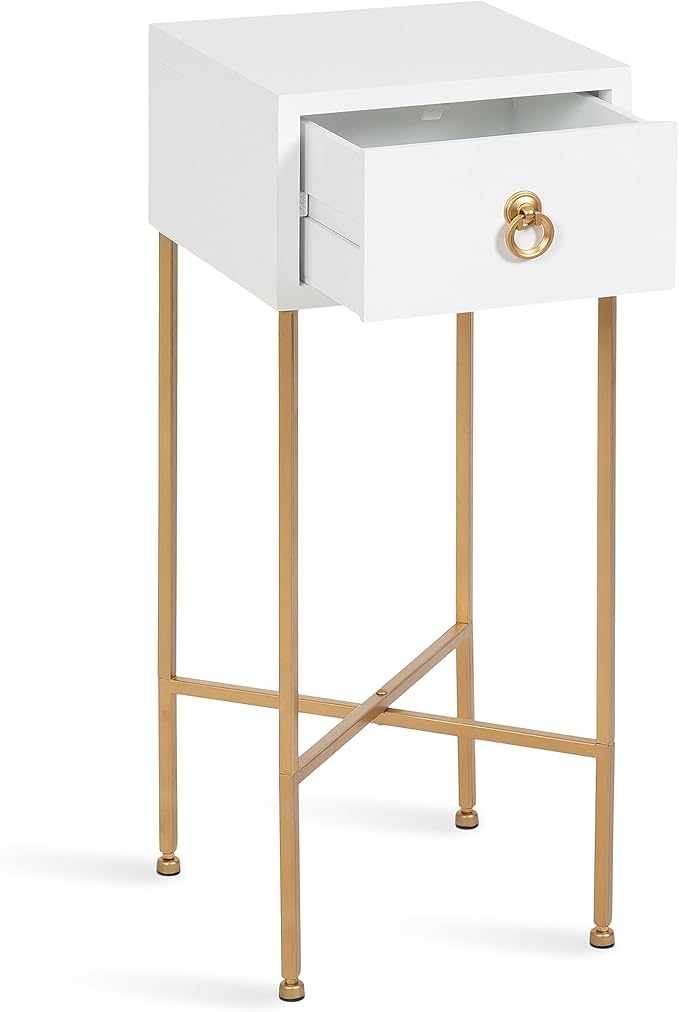 Kate and Laurel Decklyn Decorative Glam Tea Table; 12 x 12 x 30; White and Gold; Modern Living Room Drink Table with Pull Drawer for Useful Storage