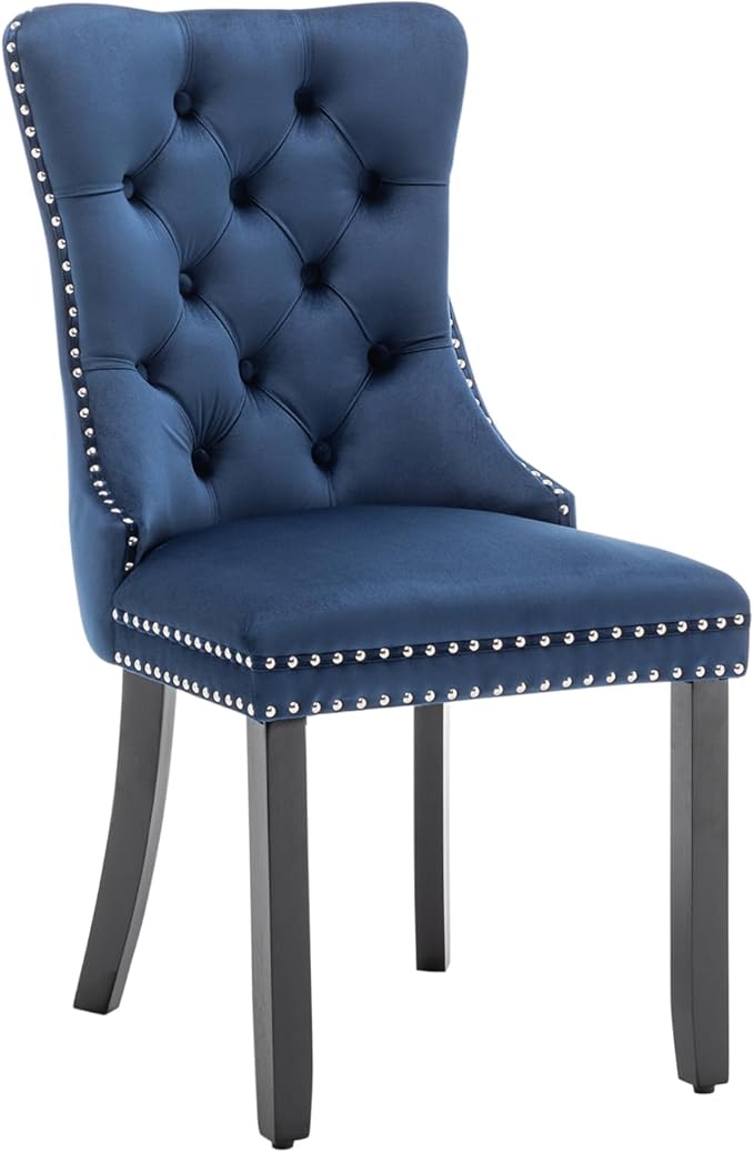 Velvet Dining Chairs Set of 6, Tufted Dining Room Chairs with Nailhead Ring Pull Trim, Upholstered Dining Chairs with Solid Wood Legs for Kitchen Dining Room, Sillas De Comedor (Blue)