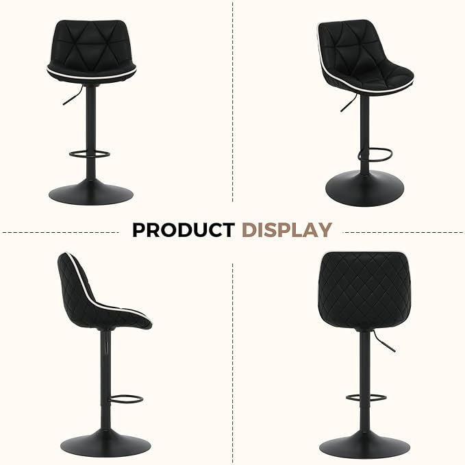 Nalupatio Bar Stools Set of 2, Adjustable Swivel Counter Height Bar Stools with Back, Armless Modern Barstools for Kitchen Island & Home Bar, Upholstered Seat,(Black)