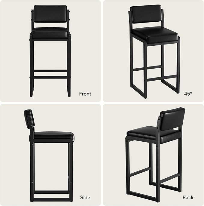 Bar Stools Set of 3, Faux Leather Counter Height Bar Stools with High Back and Metal Legs, Upholstered Bar Chairs, 26" Modern Barstools for Kitchen Island, Black