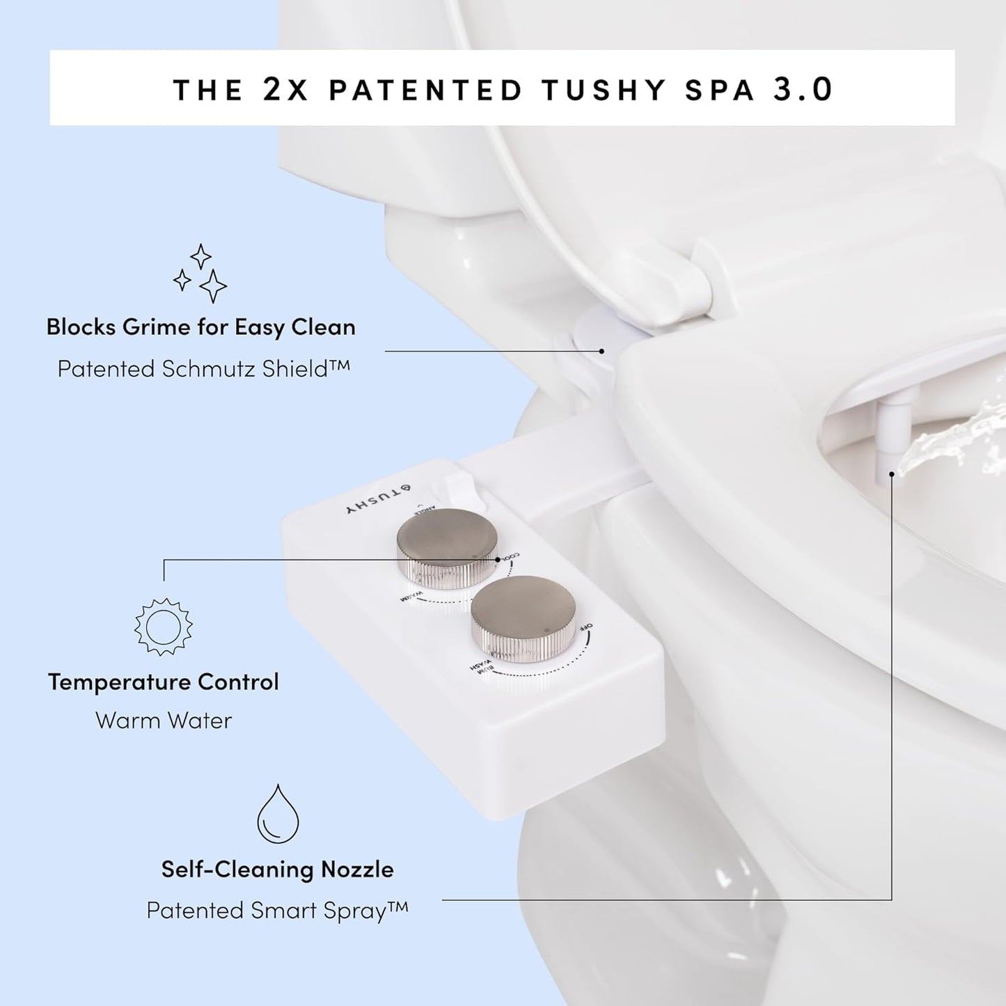 TUSHY Spa Warm Water Bidet Attachment for Toilet. Universal Fit, Easy Install (Requires Sink Access for Optional Temperature Control) Self Cleaning, Adjustable Pressure, Angle Control, Platinum Knob