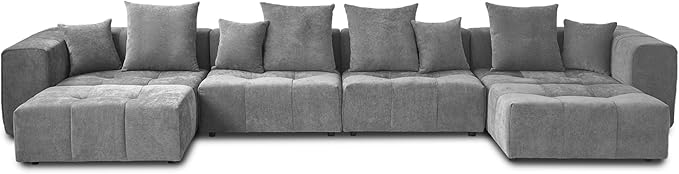 JACH 183.5 Inch U-Shaped Modular Sectional Sofas, Modern 4-Seater Couch with Chaise Ottomans, Mid Century Modern Sectional Couches, Cozy Sleeper Sofa for Living Room (Linen Fabric, Grey)