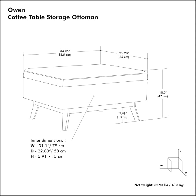 SIMPLIHOME Owen 34 inch Wide Mid Century Modern Rectangle Coffee Table Storage Ottoman in Distressed Grey Taupe Vegan Faux Leather, Assembled, for the Living Room, Entryway and Family Room