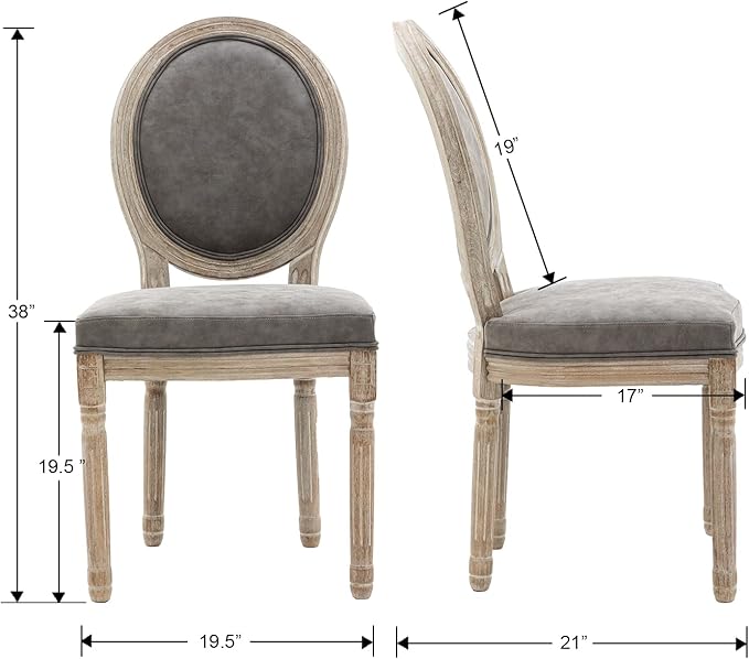 Farmhouse Leather Dining Room Chairs Set of 4 French Dining Chairs with Round Back, Wood Legs, French Bistro Chairs for Dining Room/Living Room/Kitchen/Restaurant, Grey