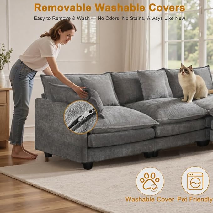 Expandable L-Shaped Sectional Sofa with Ottoman for Apartments, 77" Cloud Chenille Sofa, Create a U-Shape Layout with Optional 2nd Ottoman, Solid Wood Frame, Easy Assembly