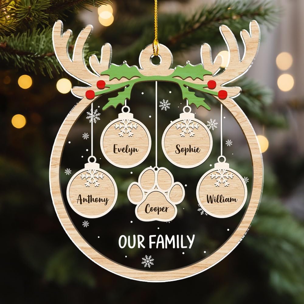 Personalized Family Christmas Acrylic Ornament 2024 - Custom Name Charms Family Members up to 10 People and Pets, Paw Charm Ornament Gifts for Family Tree Decoration (A01, 6 Names)
