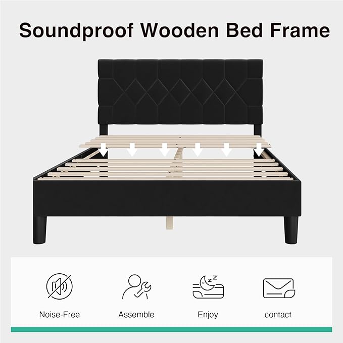 Novilla Full Size Bed Frame, Full Bed Frame with Headboard, Velvet Upholstered Pull-Point Headboard, No Box Spring Needed, Heavy Duty Feet, Easy Assembly, Black Velvet