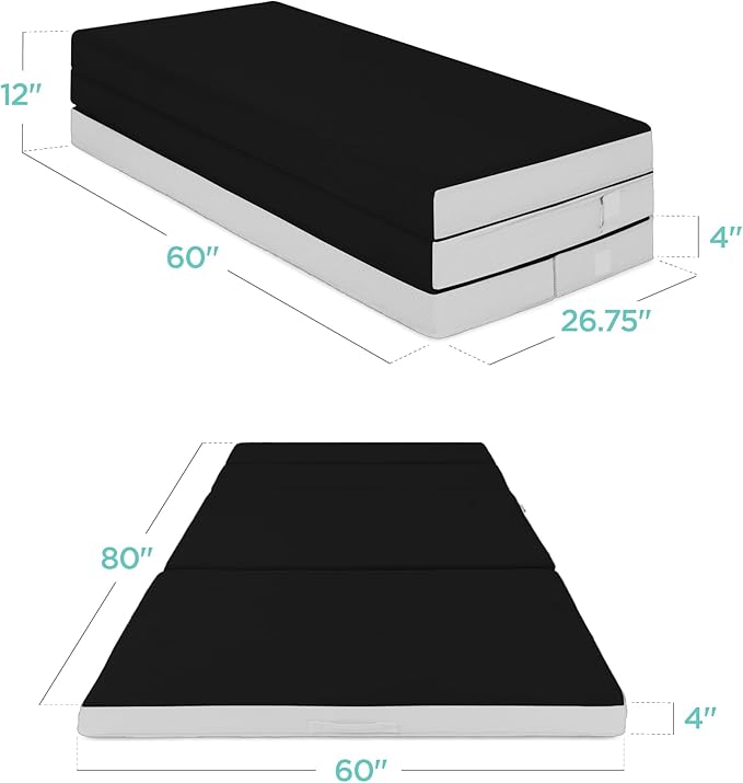 Best Choice Products 4in Portable Queen-Size Mattress, Tri-Fold Mattress for Camping, Guest, Toddler, Foam Plush w/Carry Case - Onyx Black