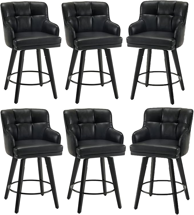 360°Swivel Counter Height Bar Stools with Back, 26 inch Solid Wood Legs, Bar Stool Modern Kitchen Island Chairs, Faux Leather (Black- Faux Leather, 26" H- Set of 6)