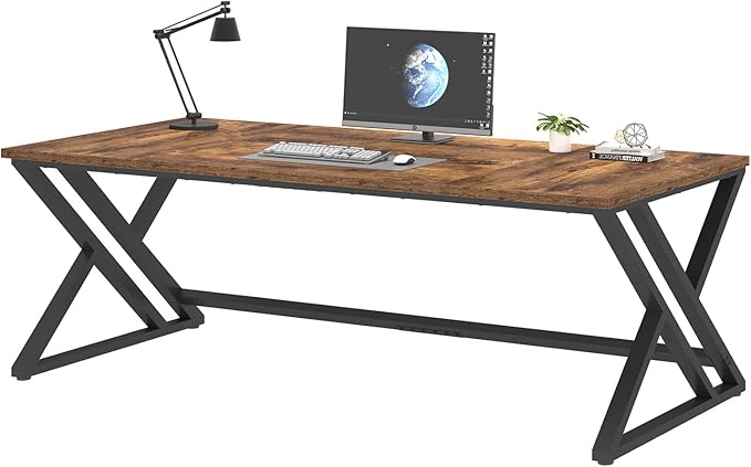 LVB 78.7" Computer Desk, Industrial Extra Long Wood Home Office Desk, Large Rustic Modern Metal Workstation Pc Study Writing table, Dual monitor Double Work Executive Desk for Two Person, Rustic Brown