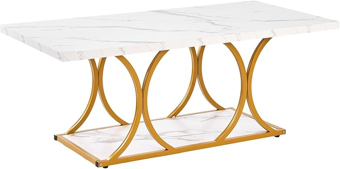 VEVOR Coffee Table, Modern Faux Marble Coffee Table, Large 2-Tier Rectangle Center Desk with Geometric Legs, Minimalist Sturdy Metal Frame Accent End Desk for Living Room, Office, Easy Assembly, White