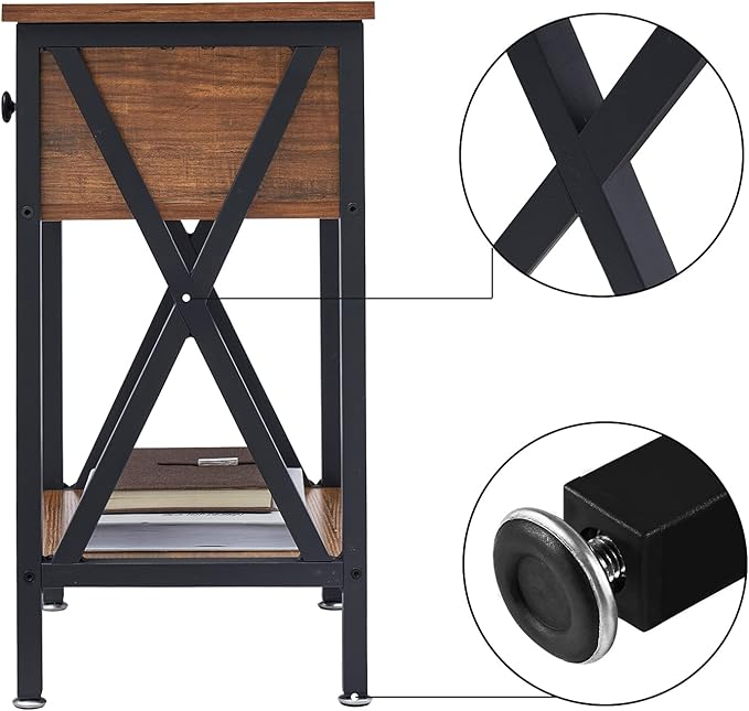 VECELO End Tables, Modern Nightstand with Drawer & Shelf, Night Stand for Bedroom Living Room,Industrial Metal Frame