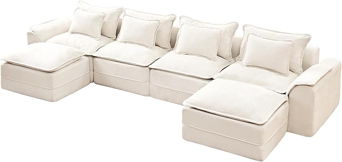 Hobestluk 152" Cloud Modular Sectional Couch 4-Seater Sofa with Ottomans U Shaped Couch Deep Seat Sofa with Removable Cover for Living Room (Beige, 4-Seater Sofa with Two Ottomans)