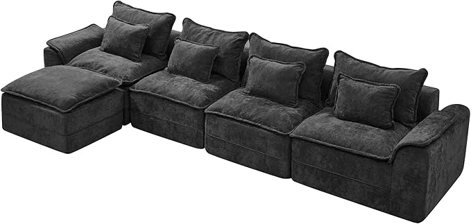 Hobestluk Cloud Modular Sectional Couch 4-Seater Sofa with Ottoman L Shaped Couch Deep Seat Sofa with Removable Cover Large Sofa for Living Room (Dark Grey, 4-Seater Sofa with One Ottoman)