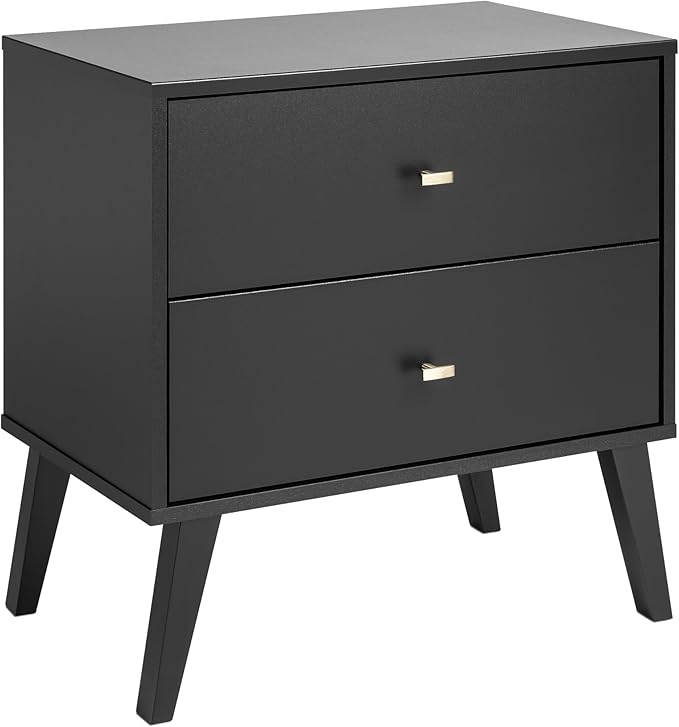 Prepac Milo Mid-Century Modern 2 Drawer Nightstand, Bedside Table, Contemporary Bedroom Furniture, 16"D x 25"W x 25"H, Black