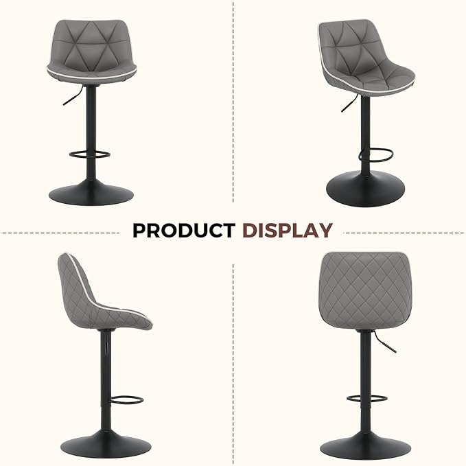 Nalupatio Bar Stools Set of 2, Adjustable Swivel Counter Height Bar Stools with Back, Armless Modern Barstools for Kitchen Island & Home Bar, Upholstered Seat,(Grey)