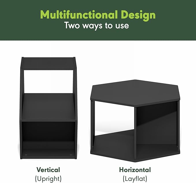 Furinno Simple Design Coffee Table, Hexagon Modern Coffee Table with Open Shelf, Vertical or Horizontal Side Table, for Living Room, Bedroom, Home Office, Americano