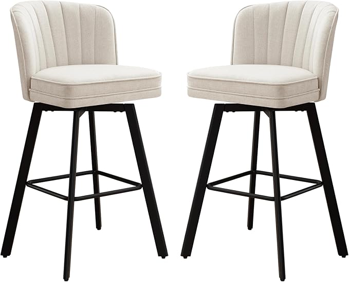 Swivel Counter Height Bar Stools Set of 2, 30'' Modern Barstools with Backs and Metal Legs, Upholstered Bar Chairs, Beige, Fabric Stools for Kitchen Island Chairs
