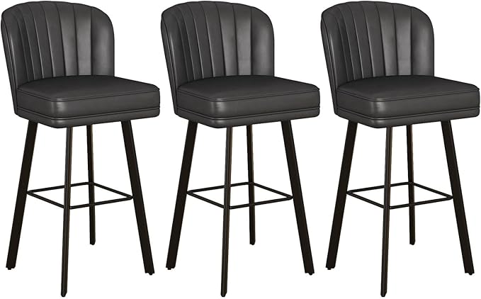 Swivel Counter Height Bar Stools Set of 3, 30'' Modern Barstools with Backs and Metal Legs, Upholstered Bar Chairs, Faux Leather Black Stools for Kitchen Island Chairs