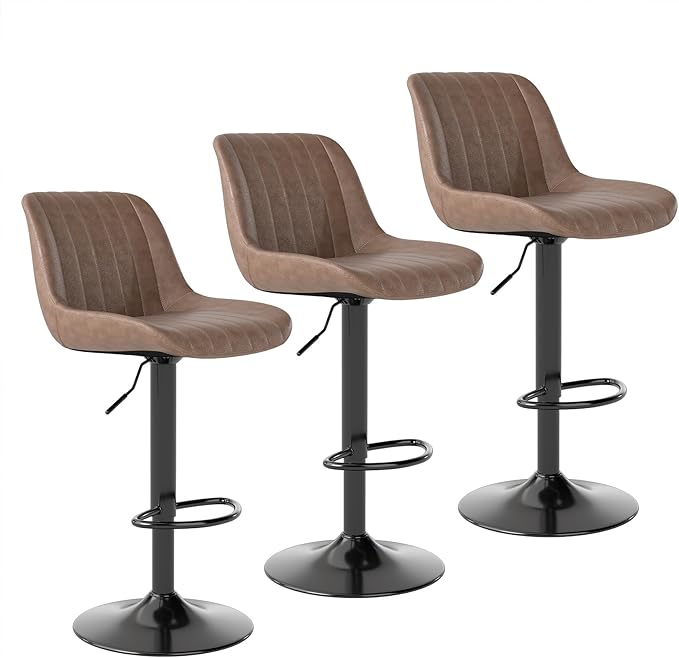 Youhauchair Bar Stools Set of 3, Swivel Counter Height Barstools with Back, Adjustable PU Leather Bar Chairs, Modern Armless Kitchen Island Stool, Light Brown